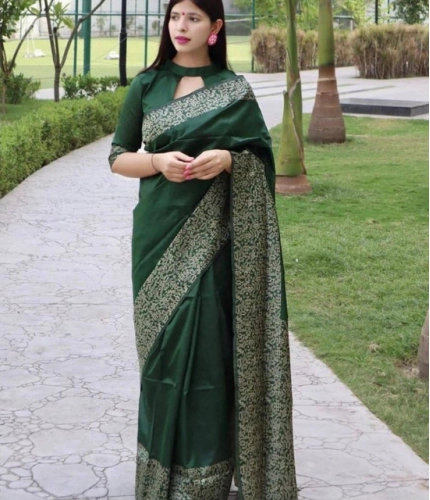Generic Women's Soft Lichi Silk Printed Saree With Unstitched Blouse 5.5Mtr (Green)