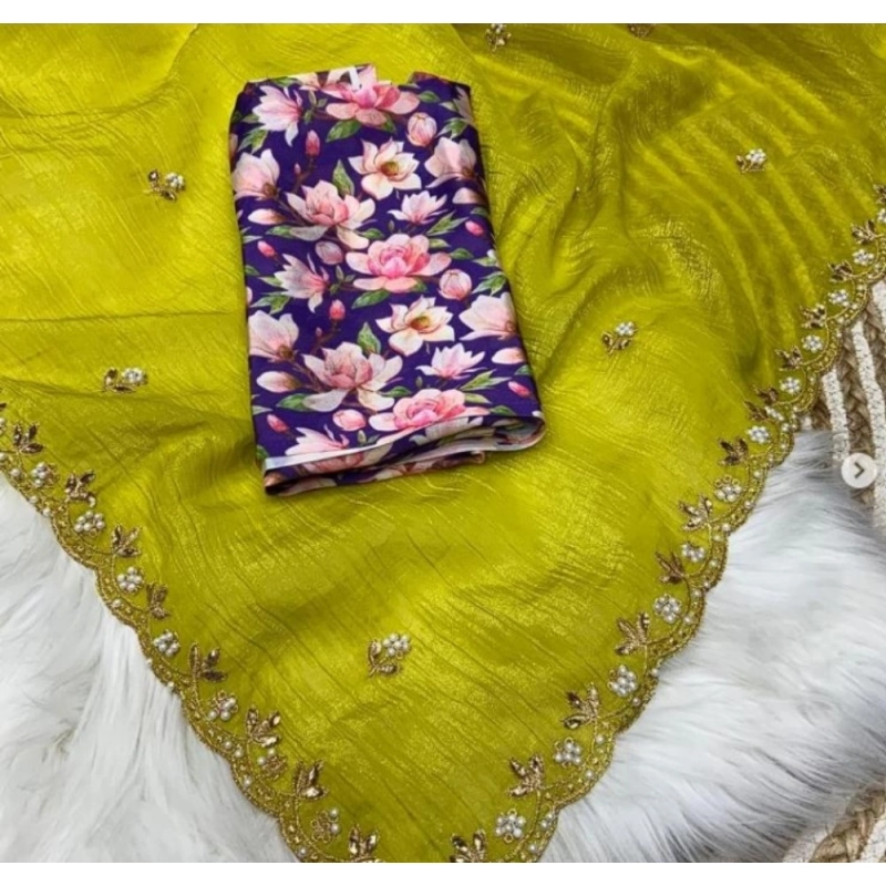 Women's Stone Work Soft Silk Saree With Unstitched Blouse (Green, 5-6 Mtrs)