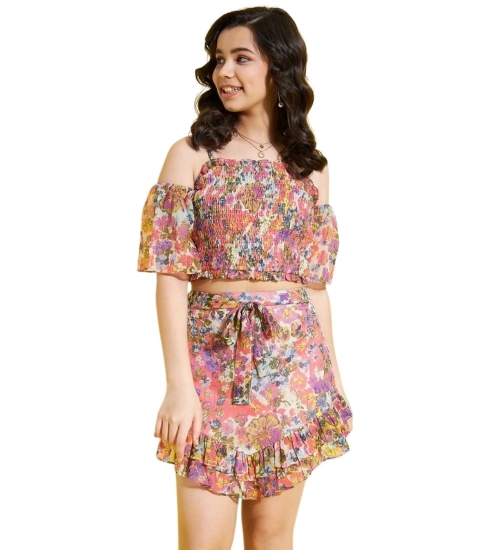 Generic Girl's Polyester Lurex Floral Shoulder Straps Top and Skirt Set (Peach-Multicolor)