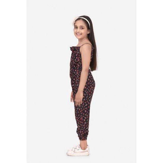 Generic Girl's Rayon Floral Sleeveless Jumpsuit (Black-Red)