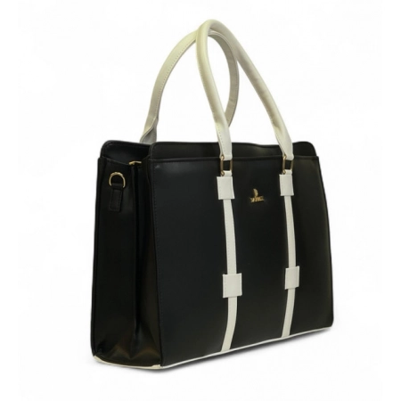 Generic Women's Polyurethane Solid Structured Shoulder Tote Handbag (Black-Cream)