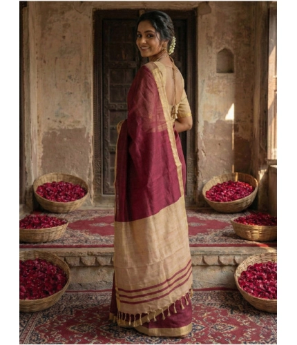Generic Women's Cotton Printed Saree With Unstitched Blouse 5.5Mtr (Wine)