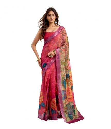 Generic Women's Faux Linen Floral Print Ready to wear Saree With Unstitched Blouse 5.5Mtr (Pink)