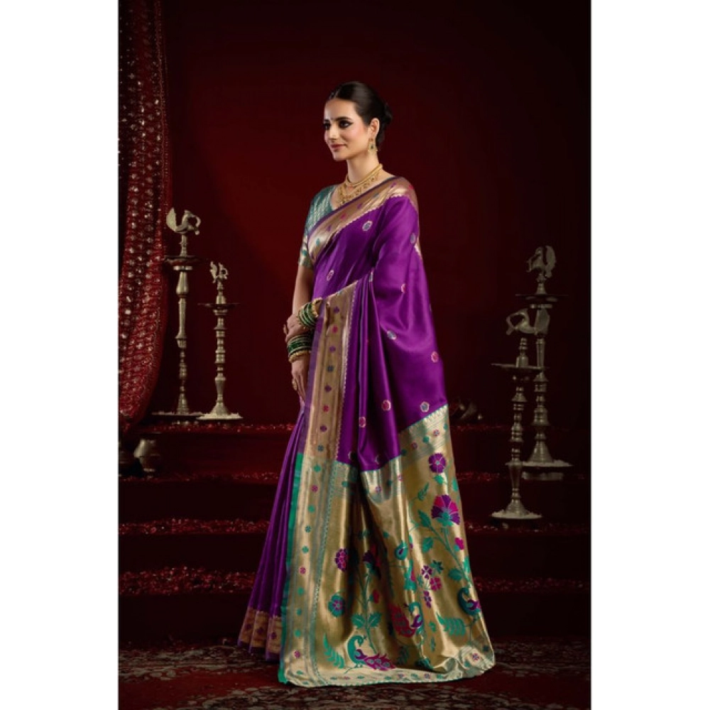 Generic Women's Silk Blend Woven Saree With Unstitched Blouse 5.5 Mtr (Purple)