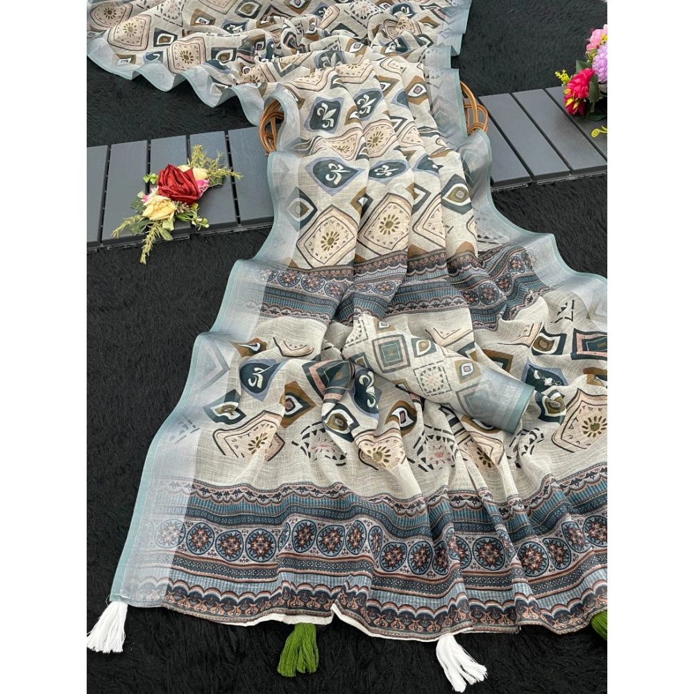 Women's Linen Cotton  Printed Saree With Unstitched Blouse 5.5Mtr (Grey)