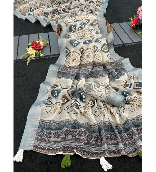 Generic Women's Linen Cotton  Printed Saree With Unstitched Blouse 5.5Mtr (Grey)