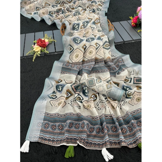 Generic Women's Linen Cotton  Printed Saree With Unstitched Blouse 5.5Mtr (Grey)