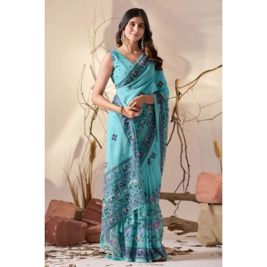 Generic Women's Georgette Printed Saree With Unstitched Blouse 5.5Mtr (Aqua_Blue)
