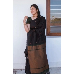 Generic Women's Litchi silk Printed Saree With Unstitched Blouse (Black)