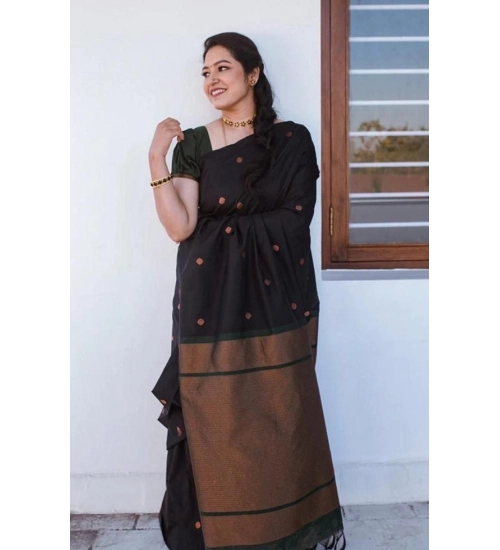 Generic Women's Litchi silk Printed Saree With Unstitched Blouse (Black)