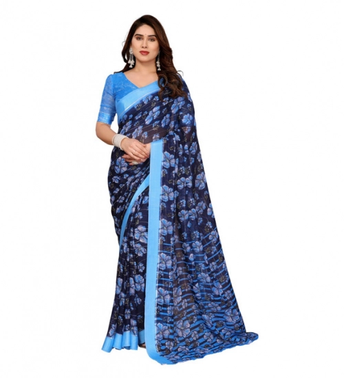 Generic Women's Georgette Printed Saree With Unstitched Blouse 5.5Mtr (Blue)