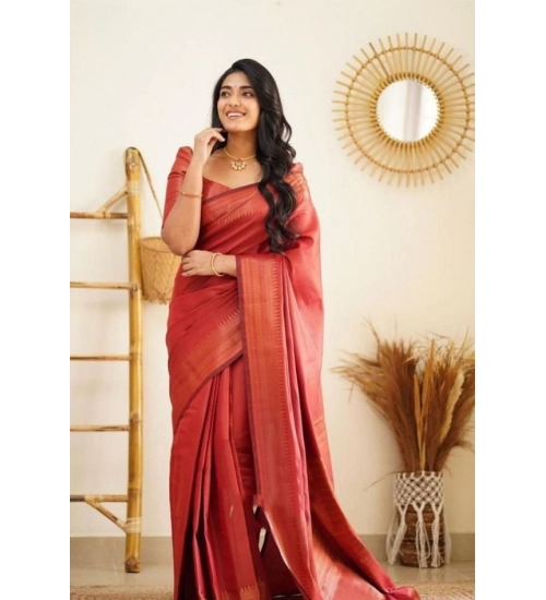 Generic Women's Litchi silk Printed Saree With Unstitched Blouse (Red)