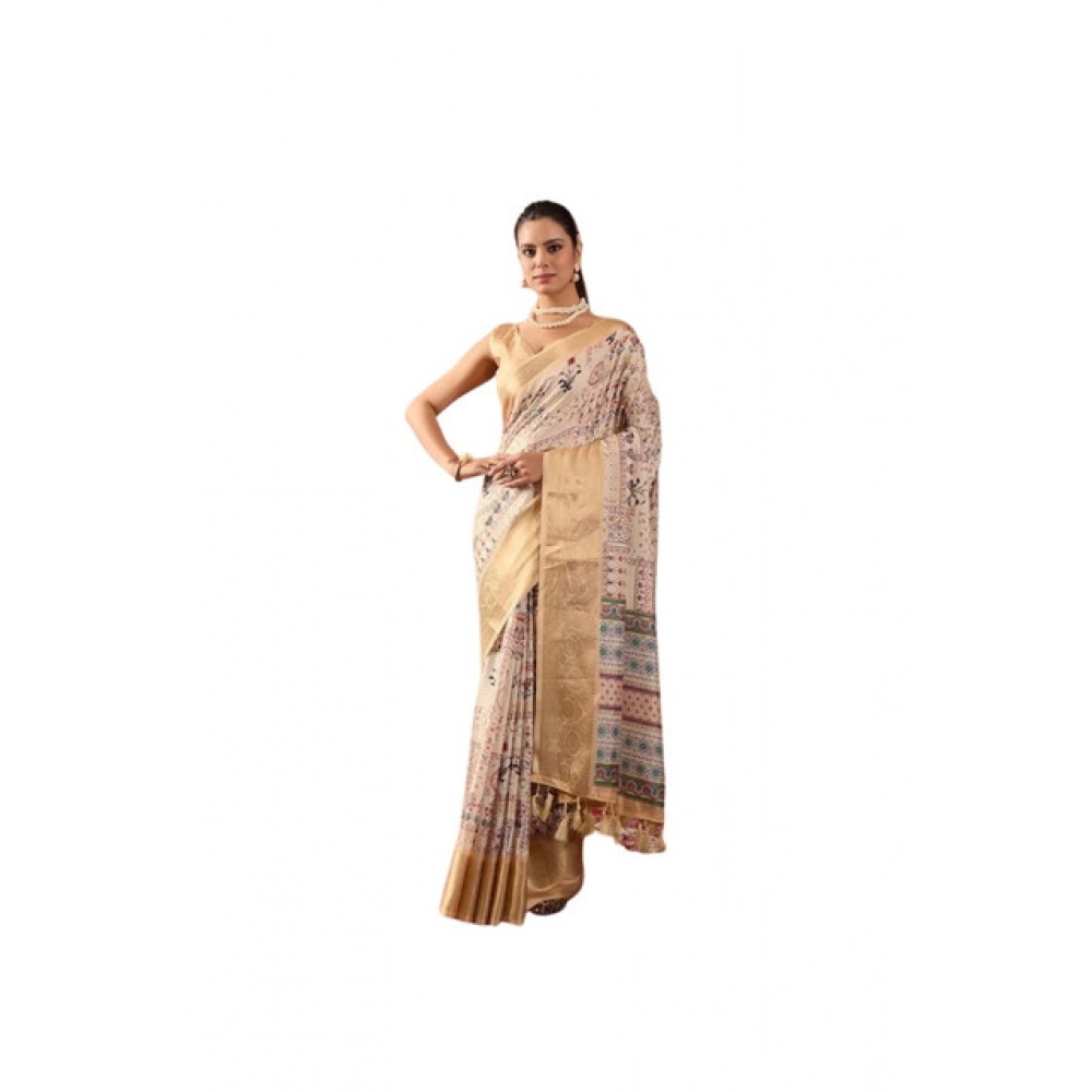 Generic Women's Faux_Silk Printed Saree With Unstitched Blouse 5.5Mtr (Beige)
