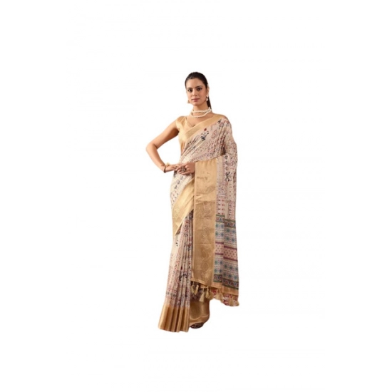 Generic Women's Faux_Silk Printed Saree With Unstitched Blouse 5.5Mtr (Beige)