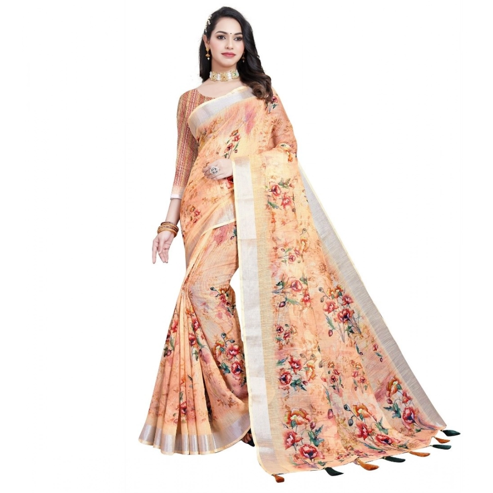 Women’s Cotton Silk Floral Printed Saree With Unstitched Blouse 5.5Mtr (Peach)