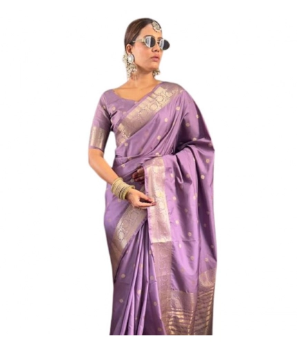 Generic Women's Satin Printed Saree With Unstitched Blouse 5.5Mtr (Purple)