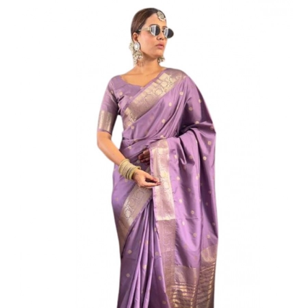 Generic Women's Satin Printed Saree With Unstitched Blouse 5.5Mtr (Purple)