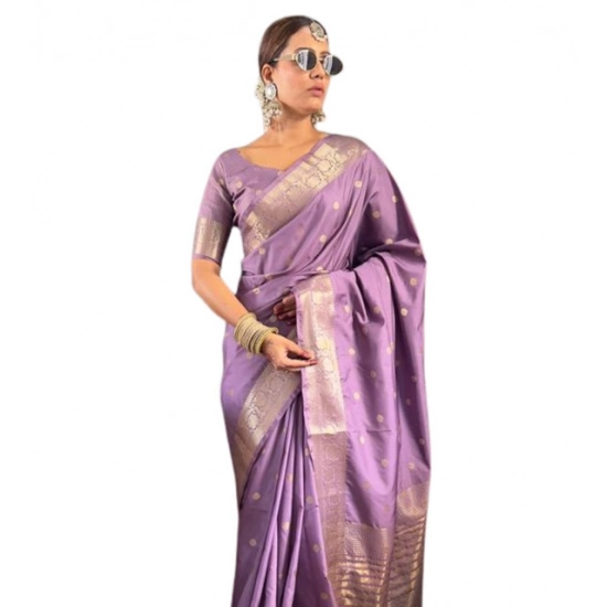 Generic Women's Satin Printed Saree With Unstitched Blouse 5.5Mtr (Purple)