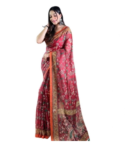 Generic Women's Linen Printed Saree With Unstitched Blouse 5.5Mtr (Red)