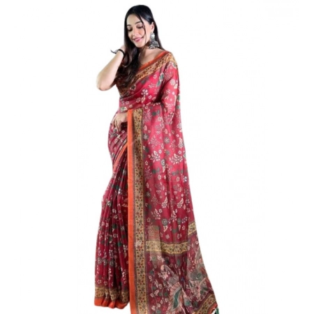 Generic Women's Linen Printed Saree With Unstitched Blouse 5.5Mtr (Red)