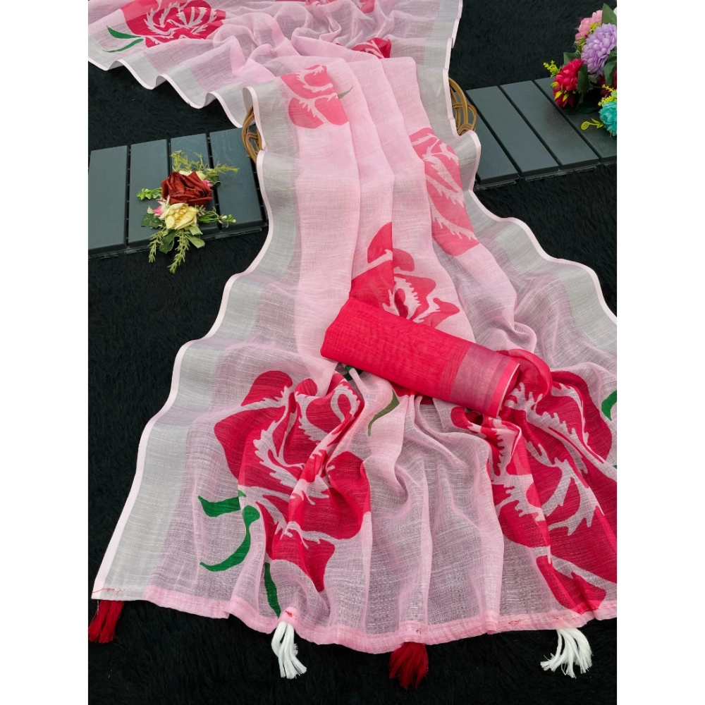 Women's Linen Cotton Printed Saree With Unstitched Blouse 5.5Mtr (Pink) Women's Linen Cotton Printed Saree With Unstitched Blouse 5.5Mtr (Pink)