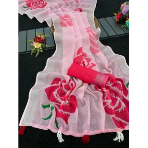 Generic Women's Linen Cotton  Printed Saree With Unstitched Blouse 5.5Mtr (Pink)