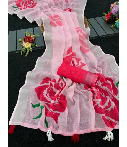 Generic Women's Linen Cotton  Printed Saree With Unstitched Blouse 5.5Mtr (Pink)