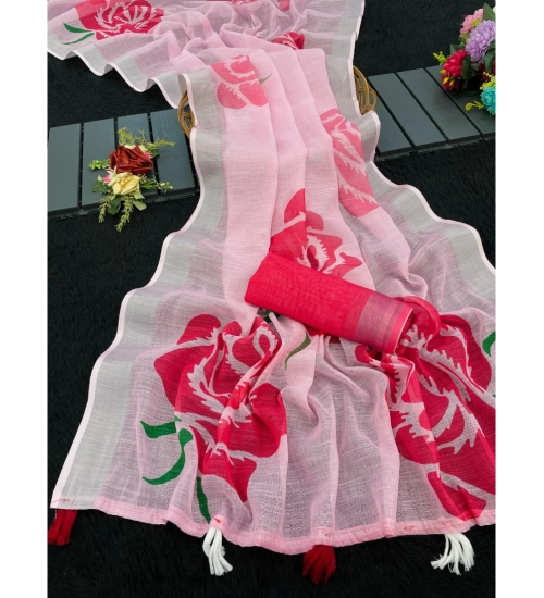 Generic Women's Linen Cotton  Printed Saree With Unstitched Blouse 5.5Mtr (Pink)