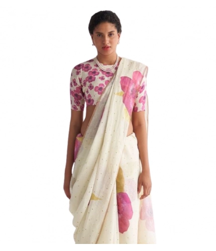 Generic Women's Linen Printed Saree With Unstitched Blouse 5.5Mtr (White)