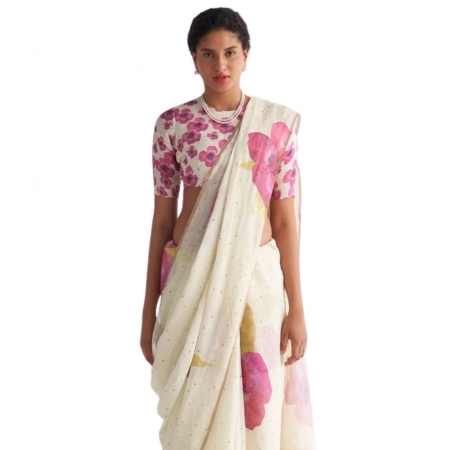 Generic Women's Linen Printed Saree With Unstitched Blouse 5.5Mtr (White)