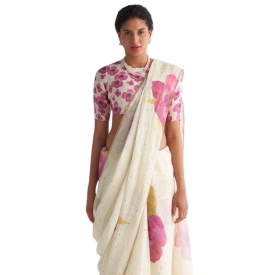 Generic Women's Linen Printed Saree With Unstitched Blouse 5.5Mtr (White)