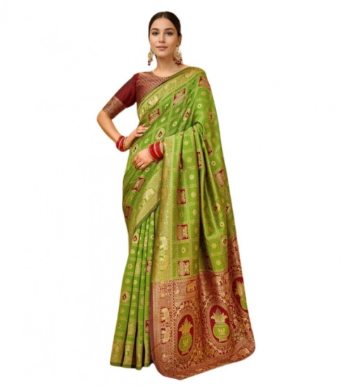 Generic Women's Silk Blend Woven Zari Work Saree With Unstitched Blouse 5.5Mtr (Light Green)