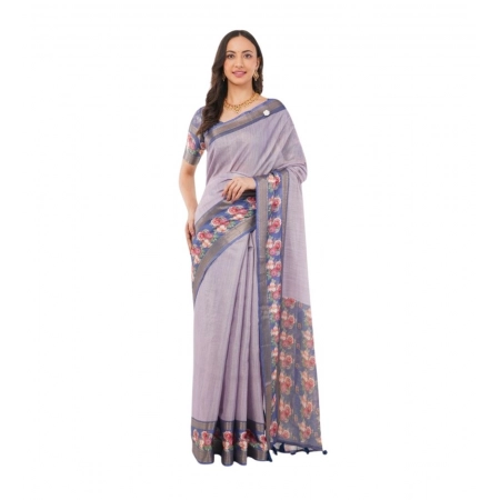 Generic Women's Polyester Printed Saree With Unstitched Blouse 5.5 Mtr (Purple)