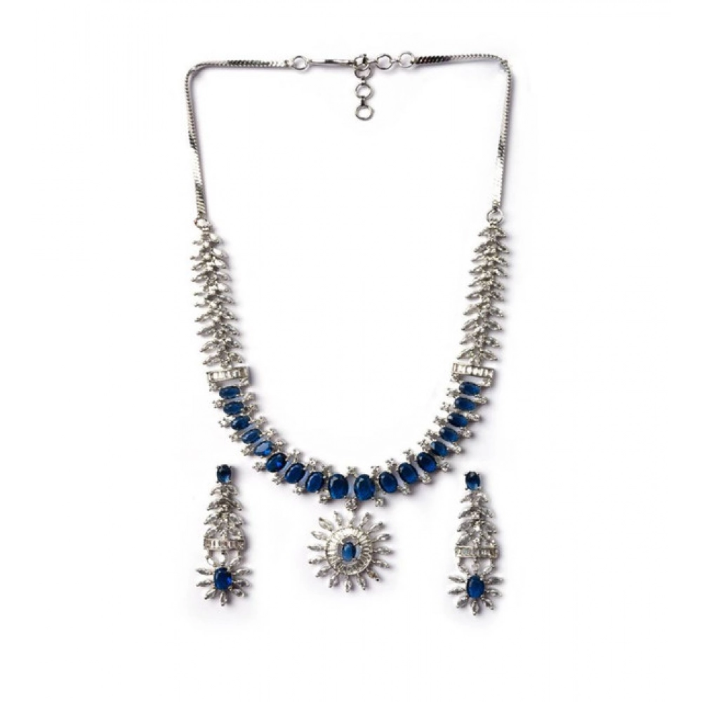 Generic Women's Brass Silver Plated Necklace set (Blue)
