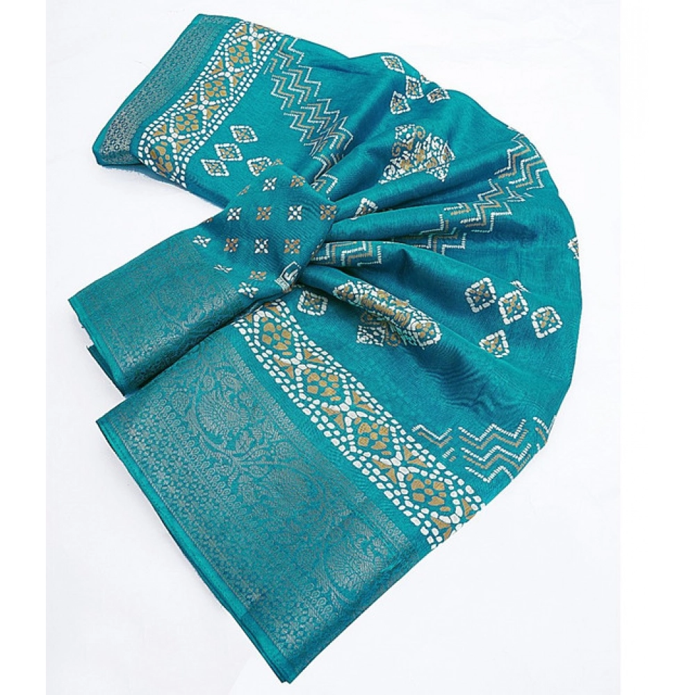 Women's Cotton Silk Printed Saree With Unstitched Blouse 5.5Mtr (Teal)