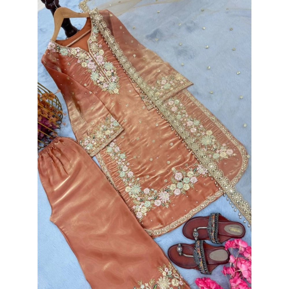 Generic Women's Silk Embroidered 3/4th Sleeve Round Kurti With Palazzo Pant and Dupatta Set (Orange) Generic Women's Silk Embroidered 3/4th Sleeve Round Kurti With Palazzo Pant and Dupatta Set (Orange)