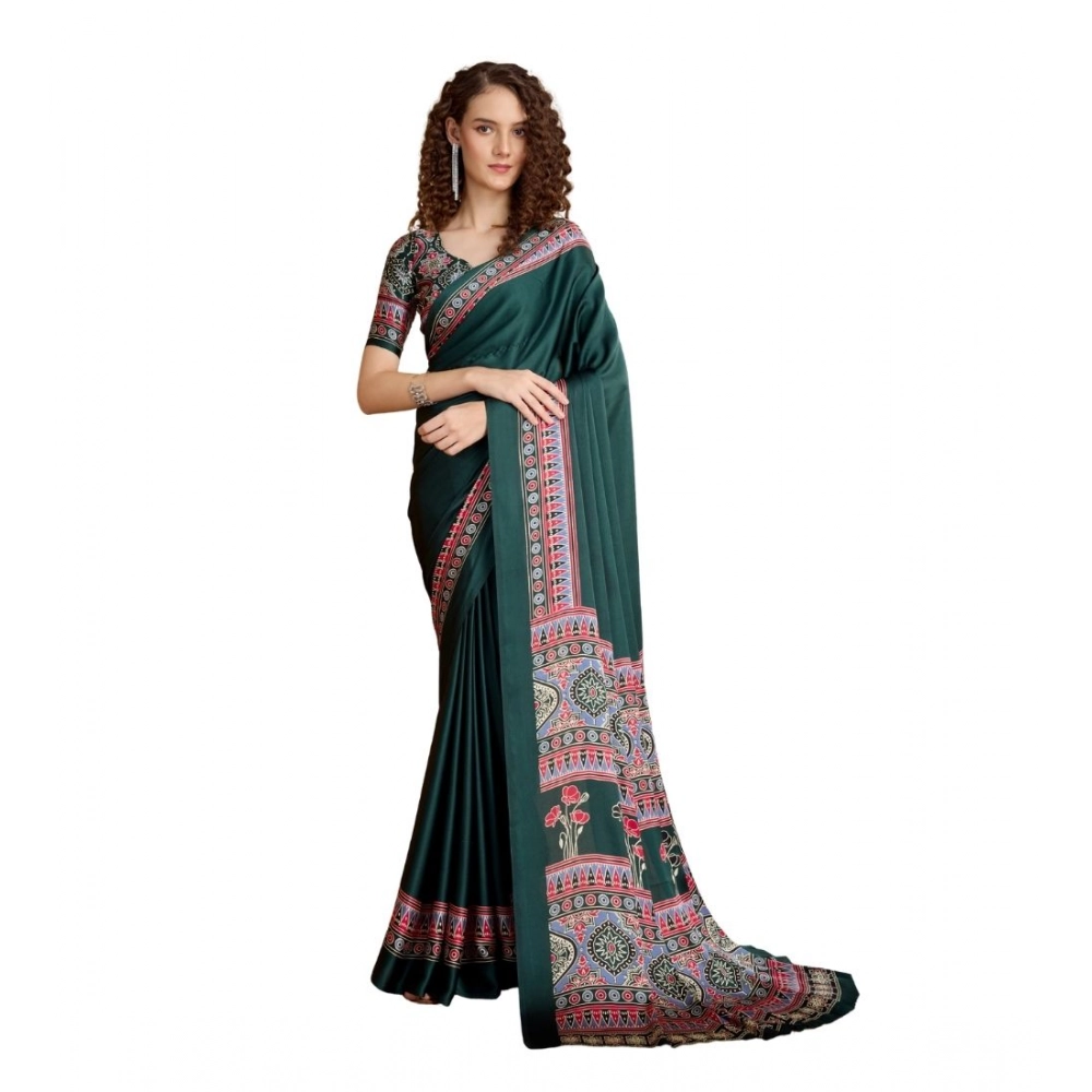Generic Women's Satin Crepe Printed Saree With Unstitched Blouse 5.5Mtr (Green)