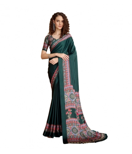 Generic Women's Satin Crepe Printed Saree With Unstitched Blouse 5.5Mtr (Green)