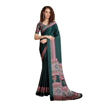 Generic Women's Satin Crepe Printed Saree With Unstitched Blouse 5.5Mtr (Green)