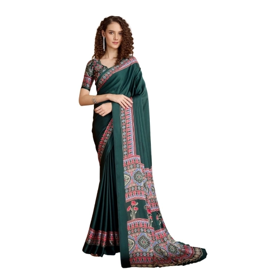Generic Women's Satin Crepe Printed Saree With Unstitched Blouse 5.5Mtr (Green)
