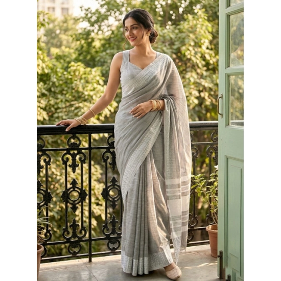 Generic Women's Linen Striped Saree With Unstitched Blouse 5.5Mtr (Gray) Generic Women's Linen Striped Saree With Unstitched Blouse 5.5Mtr (Gray)