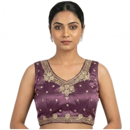 Generic Women's Silk Embroidered V-Neck Sleeveless Readymade Padded Blouse (Purple, Size 38) Generic Women's Silk Embroidered V-Neck Sleeveless Readymade Padded Blouse (Purple, Size 38)