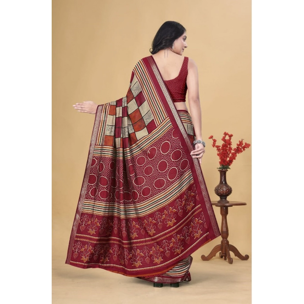 Women's Dupion Silk Block Printed Saree With Unstitched Blouse 5.5Mtr (Multicolor)