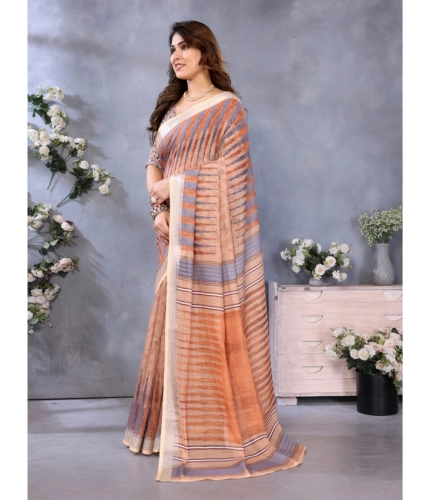 Generic Women's Linen Cotton  Printed Saree With Unstitched Blouse 5.5Mtr (Brown)