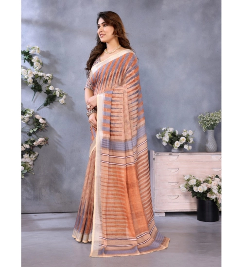 Generic Women's Linen Cotton Printed Saree With Unstitched Blouse 5.5Mtr (Brown) Generic Women's Linen Cotton Printed Saree With Unstitched Blouse 5.5Mtr (Brown)