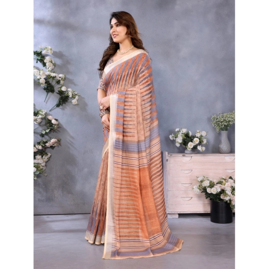 Generic Women's Linen Cotton  Printed Saree With Unstitched Blouse 5.5Mtr (Brown)