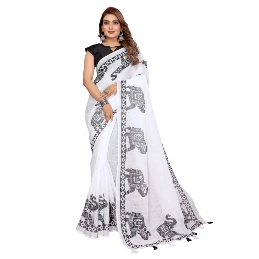 Generic Women's Linen Cotton Printed Saree With Unstitched Blouse 5.5Mtr (White)