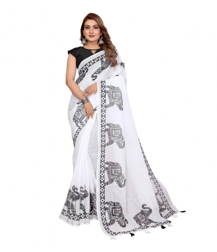 Generic Women's Linen Cotton Printed Saree With Unstitched Blouse 5.5Mtr (White)