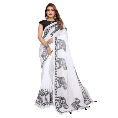 Generic Women's Linen Cotton Printed Saree With Unstitched Blouse 5.5Mtr (White)
