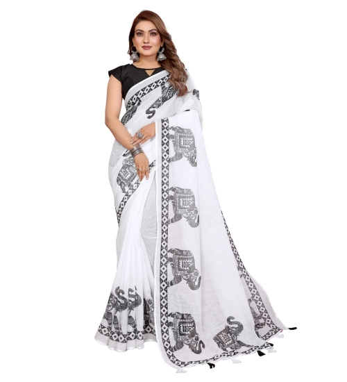 Generic Women's Linen Cotton Printed Saree With Unstitched Blouse 5.5Mtr (White) Generic Women's Linen Cotton Printed Saree With Unstitched Blouse 5.5Mtr (White)